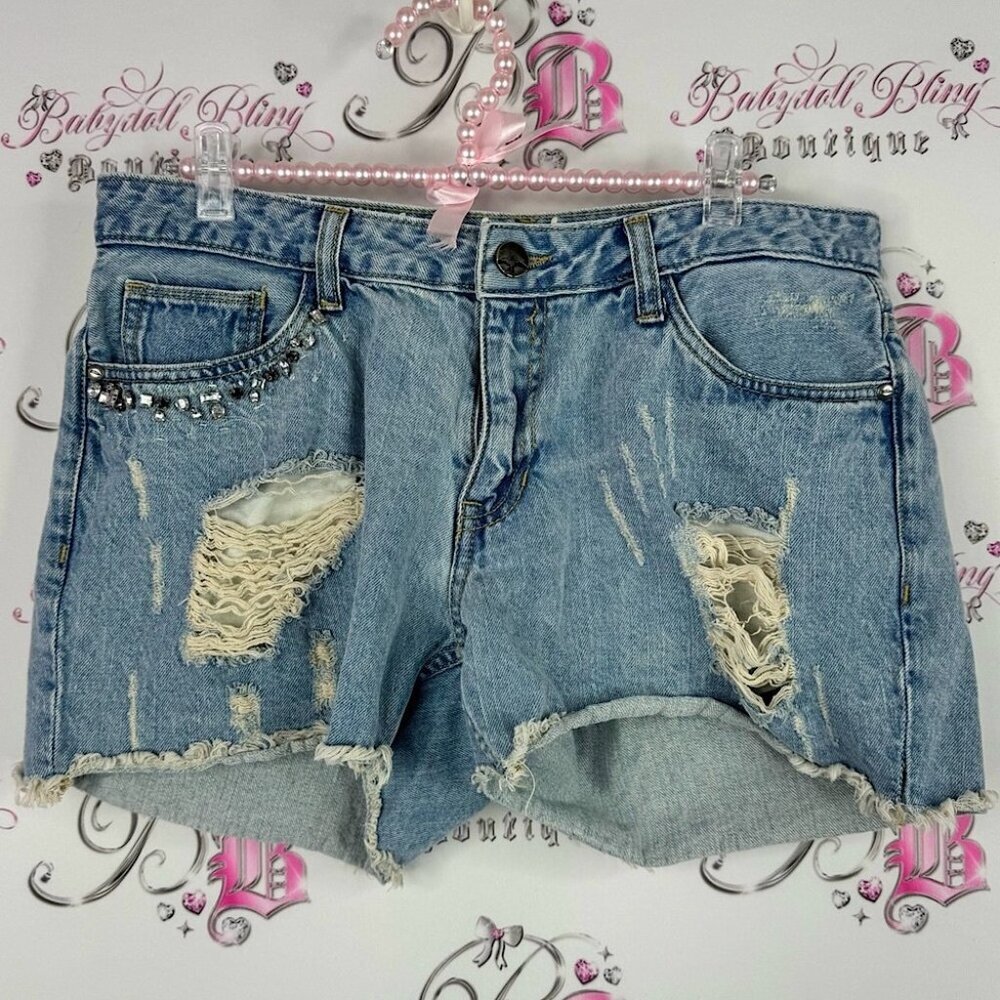 Being human Blue Distressed Jean Shorts with Rhinestones studded embellishments